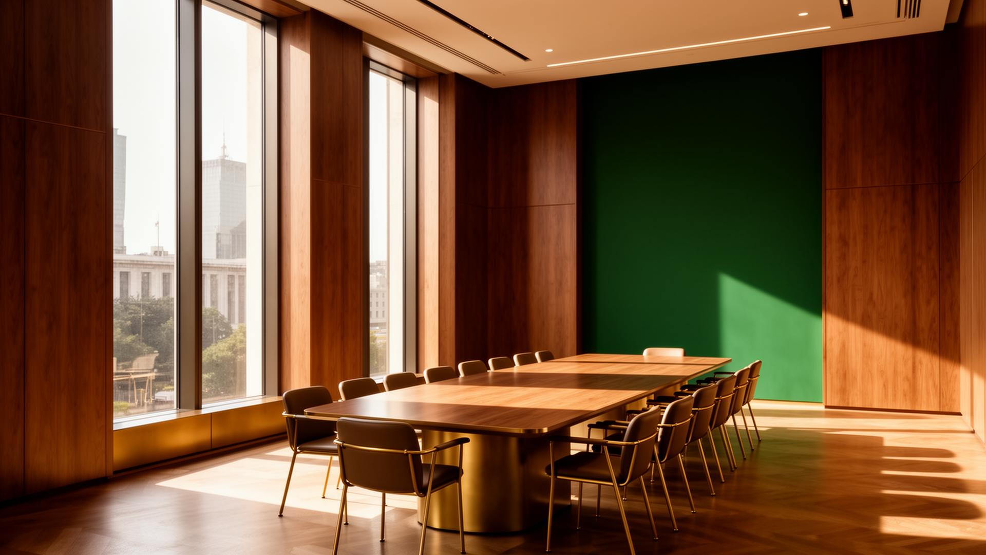 Modern government conference room with warm wood paneling and a forest green accent wall