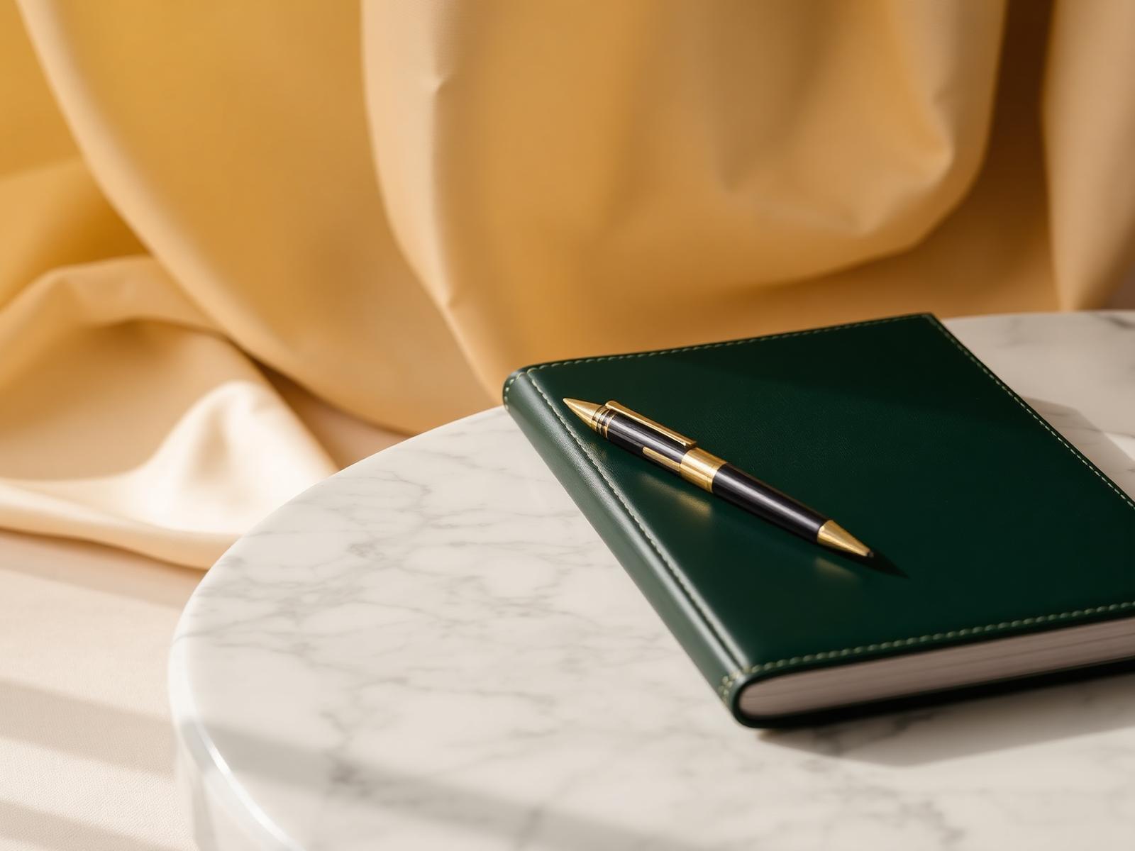 Green leather notebook and brass pen resting on a marble surface